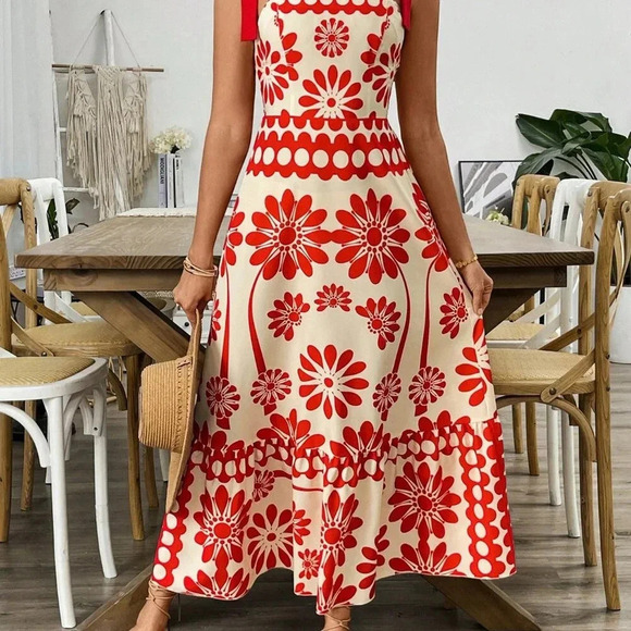 White Casual Women's Floral Print Shoulder Strap Cinched Waist Long Maxi Dress - Picture 3 of 6